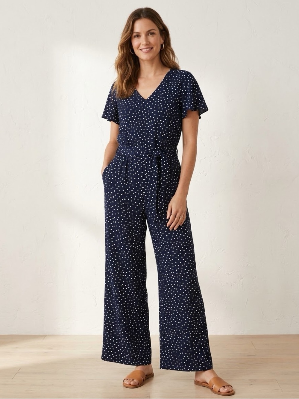 Enfocus Studio Navy Polka Dot V-Neck Wide-Leg Jumpsuit